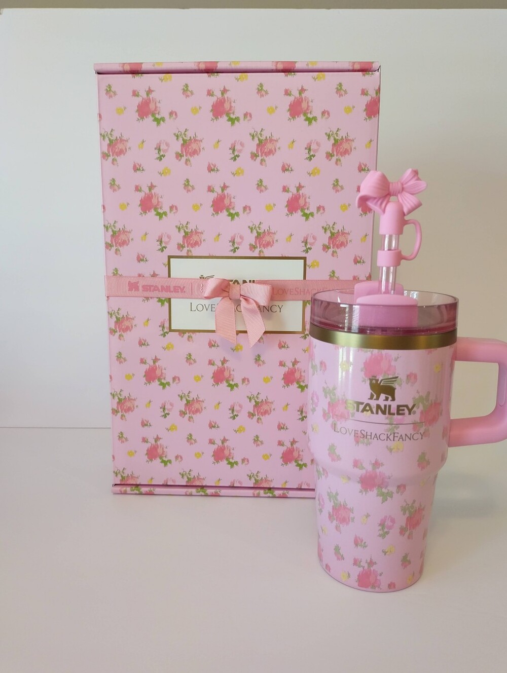 Stanley Pink Floral Mug with Bow Straw